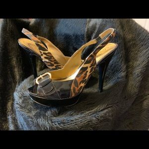 Guess  patten leather and leopard print heels.